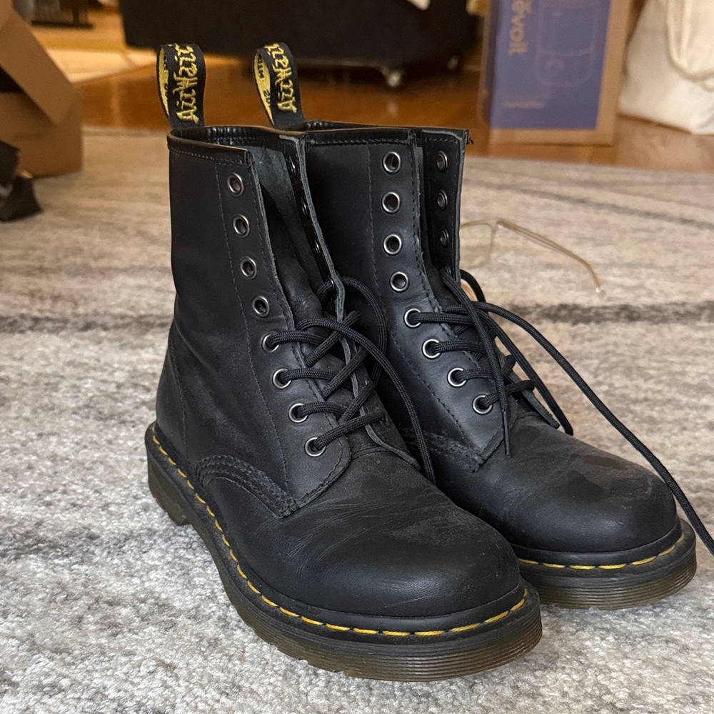 Dr. Martens Black Combat Boots with Yellow Stitching